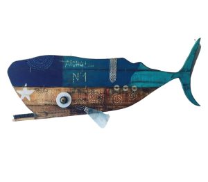 Blue whale - Acrílica sobre madeira e aplicações de materiais reciclados