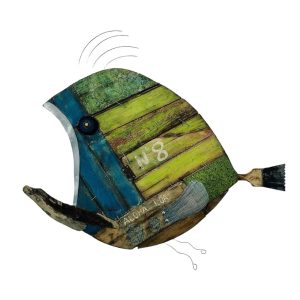 Puffer fish - acrílica sobre madeira com aplicações de materiais reciclados