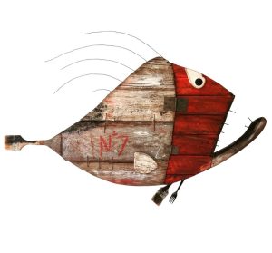 Red Fish - Acrílica sobre madeira e aplicações de materiais reciclados